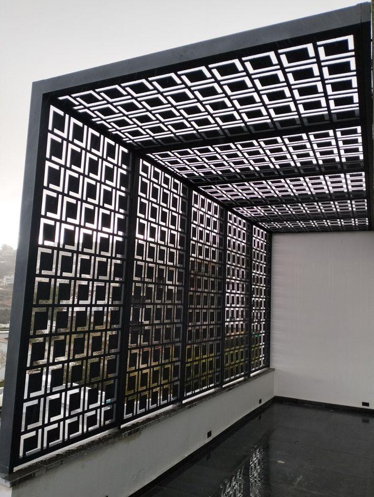 Laser-cut geometric pergola structure at BeamArt workshop